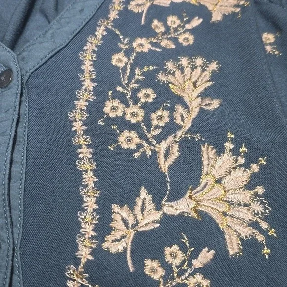 Anthropologie Tiny Syden Embroidered Floral Sleeveless Button Front Dress Teal M - Picture 4 of 10